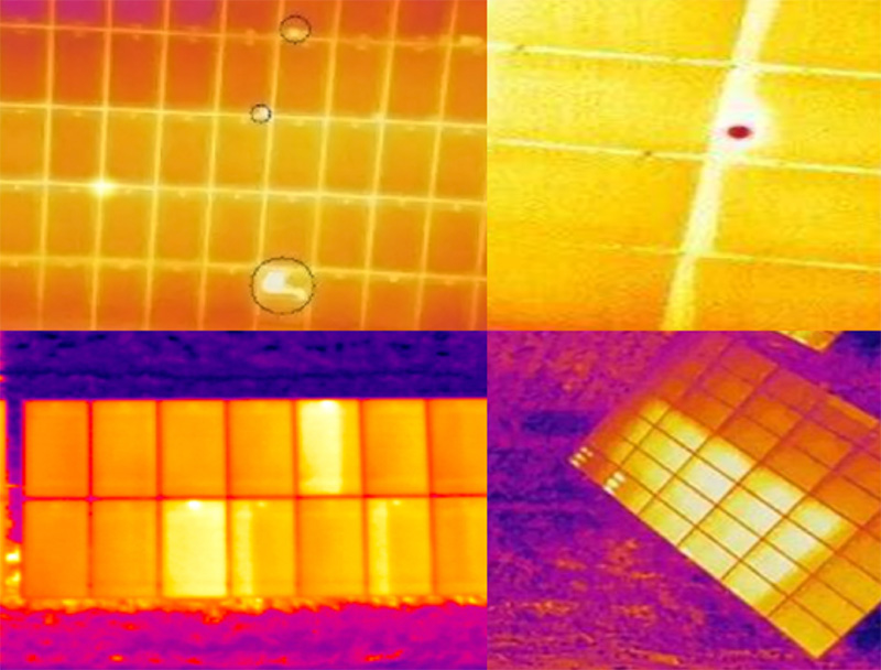 Thermal imaging of solar panels showing hotspots and defective panels